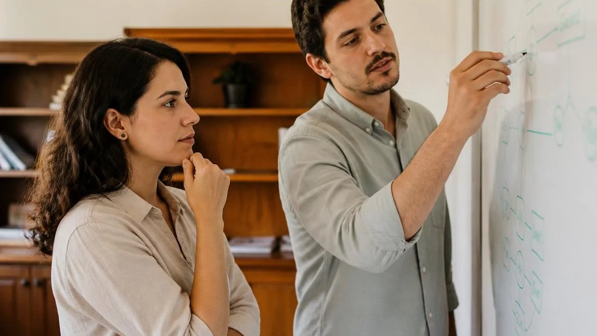 Duas participantes de pé diante do quadro branco, montando um argumento a caneta